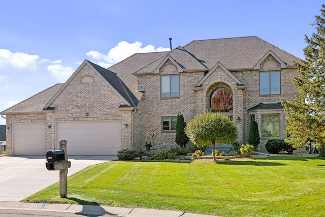 view of front of house with a garage and a front lawn