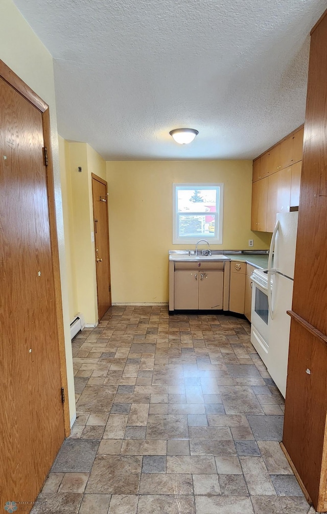 kitchen with a textured ceiling, sink, a baseboard radiator, and white appliances