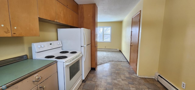 kitchen featuring a textured ceiling, white electric range oven, and a baseboard radiator