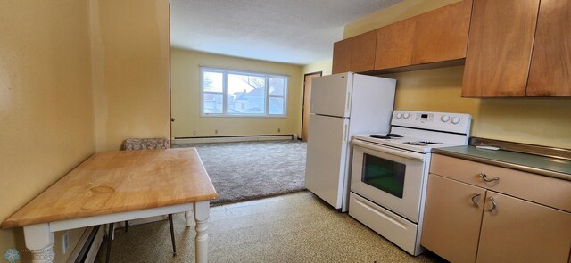 kitchen featuring light carpet, white appliances, and baseboard heating