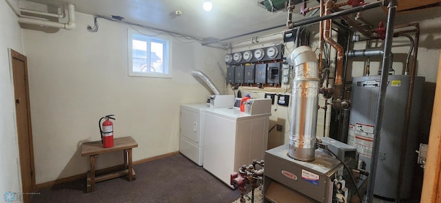 laundry area with washing machine and clothes dryer, electric panel, water heater, and dark colored carpet