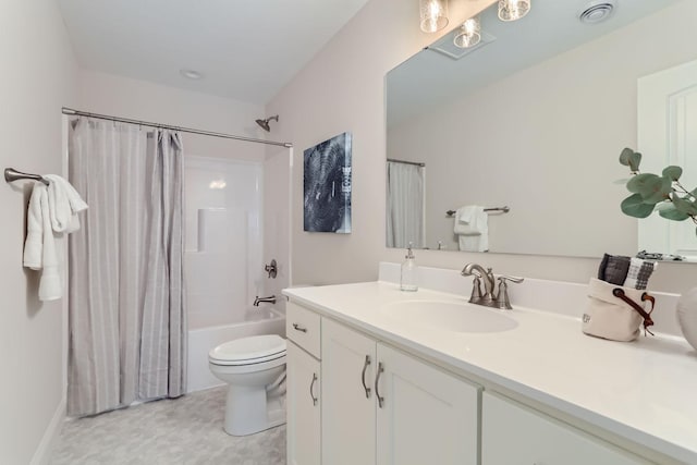 full bathroom with vanity, toilet, and shower / bathtub combination with curtain