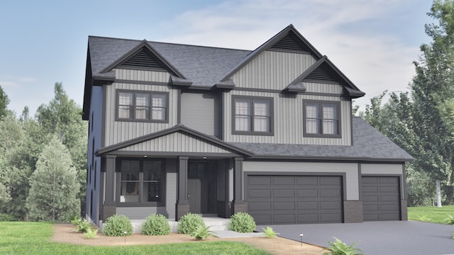 view of front of property featuring driveway, a porch, a garage, and roof with shingles