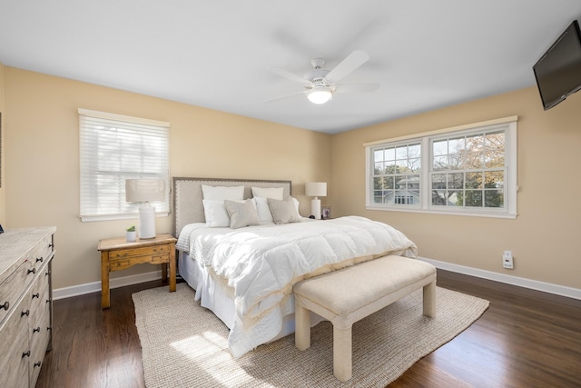 bedroom featuring multiple windows, dark hardwood / wood-style flooring, and ceiling fan