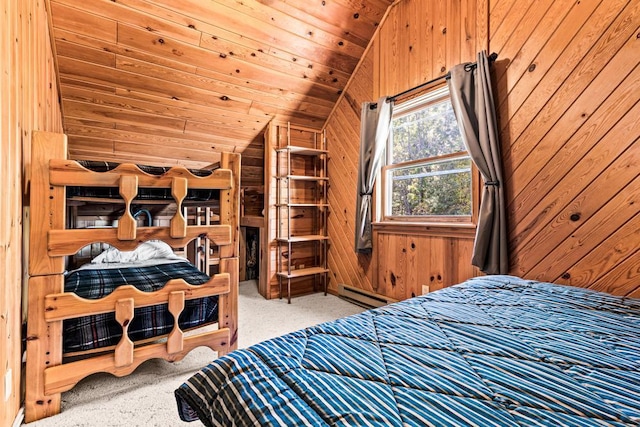 carpeted bedroom featuring a baseboard heating unit, wooden ceiling, vaulted ceiling, and wooden walls