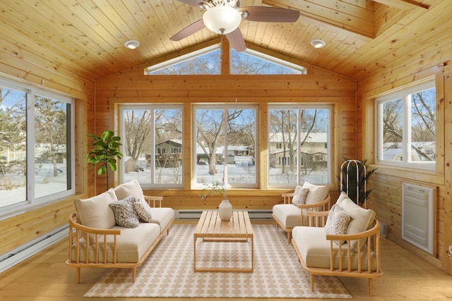 sunroom / solarium featuring wooden ceiling, baseboard heating, plenty of natural light, and vaulted ceiling