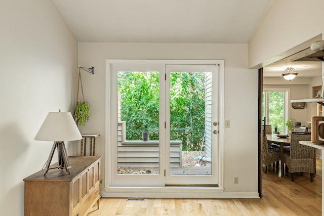 doorway to outside featuring plenty of natural light and light wood-type flooring