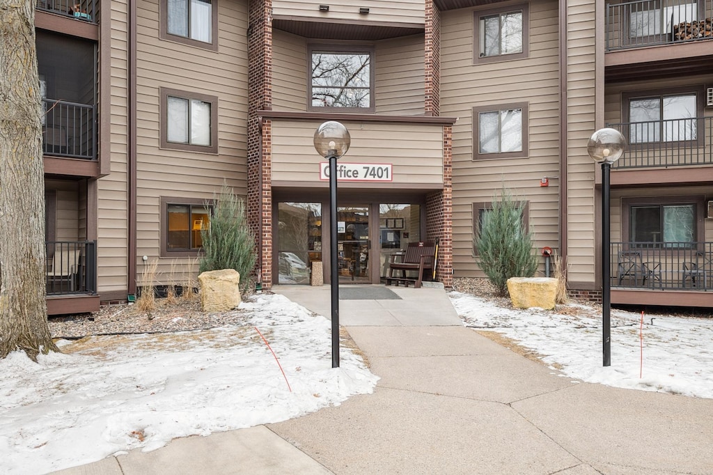 view of snow covered building