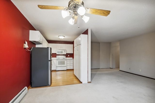 kitchen featuring white cabinetry, a baseboard radiator, ceiling fan, and white appliances