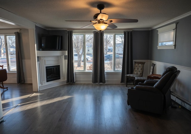 living area with a textured ceiling, ceiling fan, dark hardwood / wood-style floors, baseboard heating, and crown molding