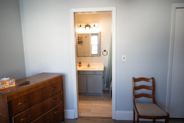 bathroom with vanity and wood-type flooring