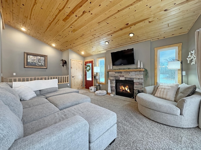 living room featuring a fireplace, vaulted ceiling, wooden ceiling, and carpet