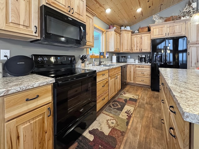 kitchen with wooden ceiling, vaulted ceiling, black appliances, dark wood-type flooring, and sink