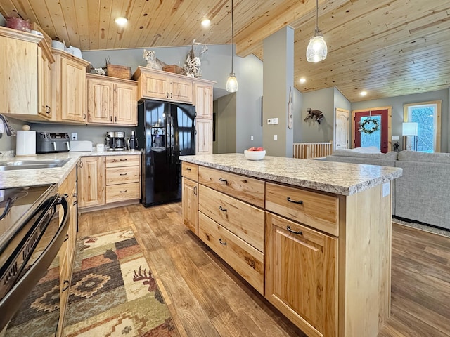 kitchen featuring lofted ceiling with beams, black appliances, wooden ceiling, and hanging light fixtures