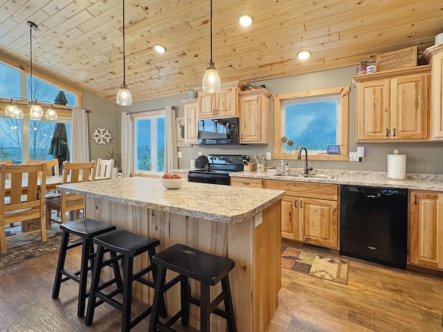 kitchen featuring black appliances, pendant lighting, light hardwood / wood-style floors, and a center island