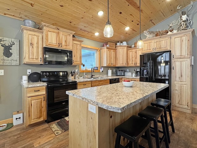 kitchen with wood ceiling, black appliances, pendant lighting, a kitchen island, and sink