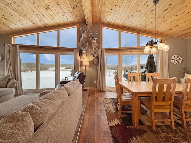 dining space with hardwood / wood-style flooring, a notable chandelier, wood ceiling, beam ceiling, and a water view