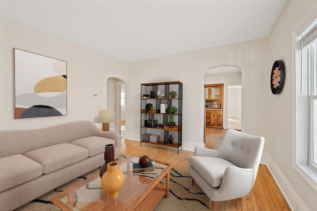 living room featuring a healthy amount of sunlight and light hardwood / wood-style flooring