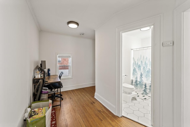 office space with hardwood / wood-style flooring and crown molding