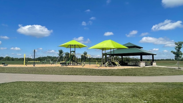 view of jungle gym featuring a gazebo and a lawn