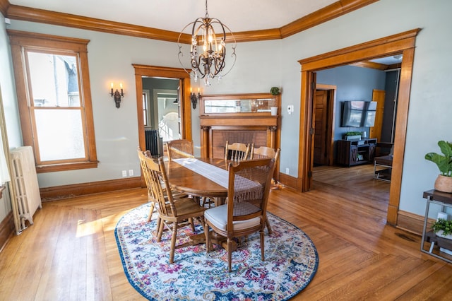 dining space featuring radiator, an inviting chandelier, light hardwood / wood-style floors, and ornamental molding