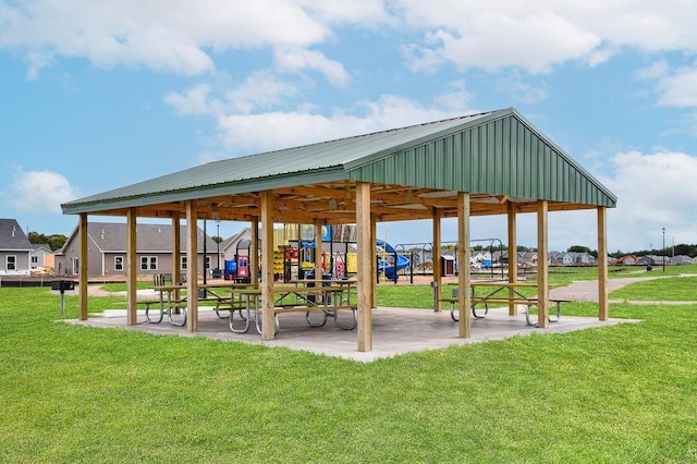 view of community featuring a lawn and a gazebo