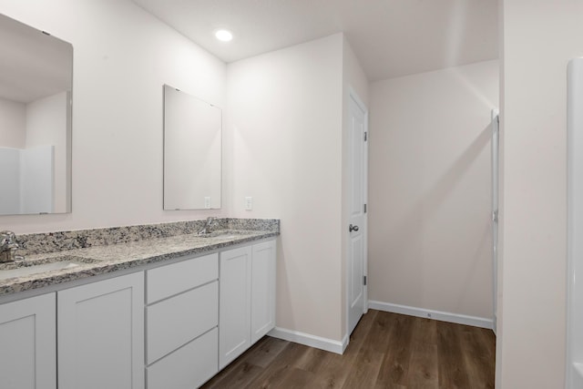 bathroom with hardwood / wood-style flooring and vanity