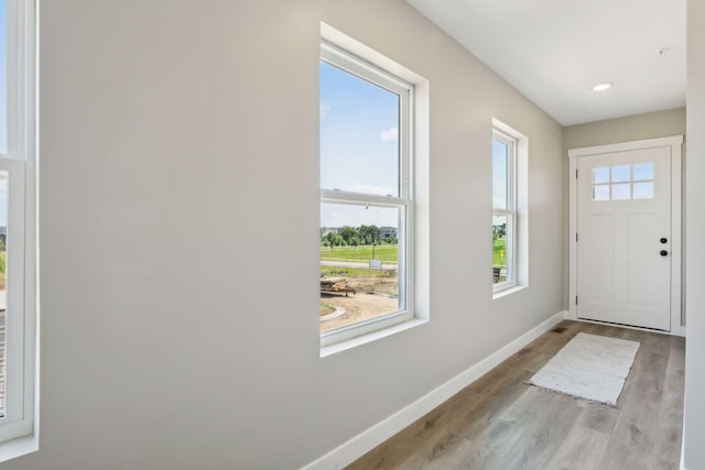 foyer entrance with light hardwood / wood-style flooring