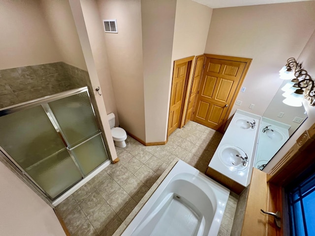 full bathroom with toilet, vanity, and plus walk in shower