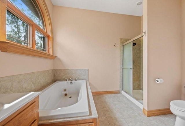 full bathroom with separate shower and tub, vanity, and toilet