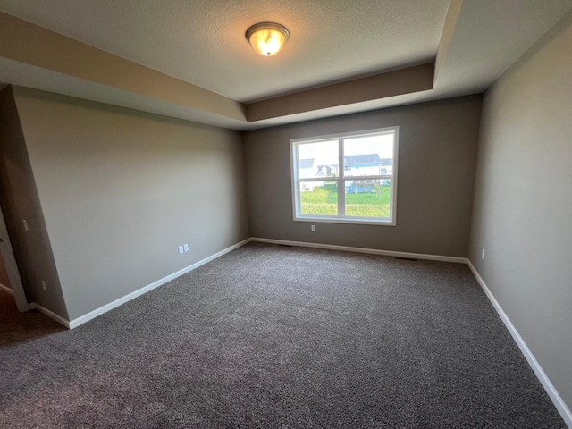 carpeted empty room featuring a tray ceiling