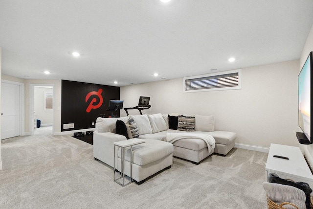 living room featuring light colored carpet