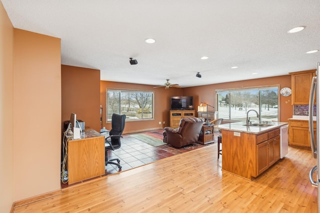 office with a healthy amount of sunlight, light hardwood / wood-style floors, and sink