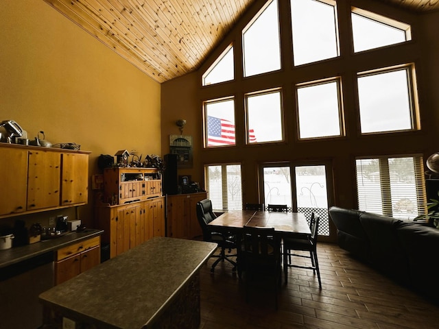 dining area with high vaulted ceiling, dark hardwood / wood-style flooring, and wood ceiling