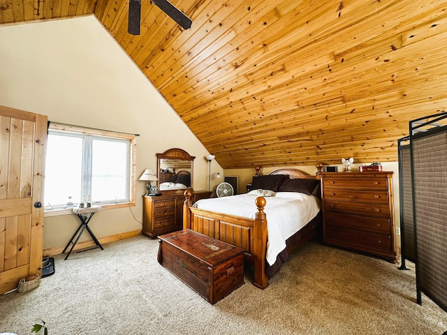 bedroom featuring ceiling fan, light colored carpet, vaulted ceiling, and wood ceiling