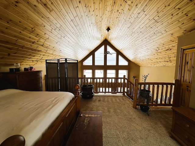 carpeted bedroom featuring wooden ceiling and vaulted ceiling