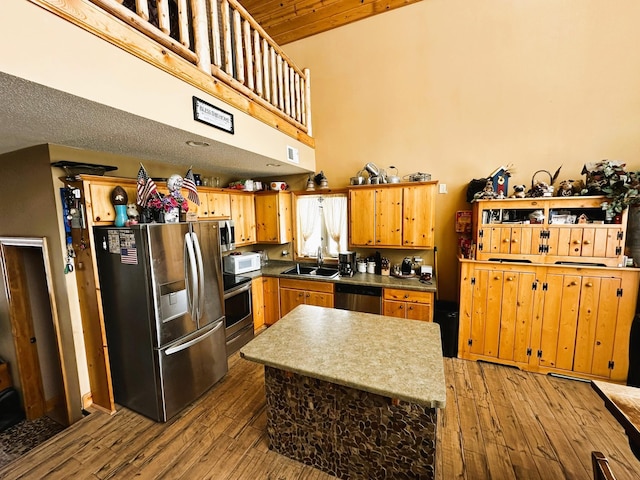 kitchen featuring a sink, a towering ceiling, hardwood / wood-style floors, and stainless steel appliances