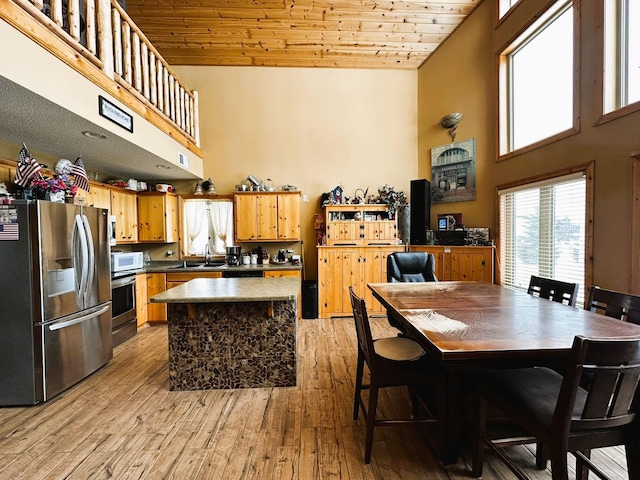 kitchen featuring wood ceiling, light wood-type flooring, appliances with stainless steel finishes, a high ceiling, and a sink