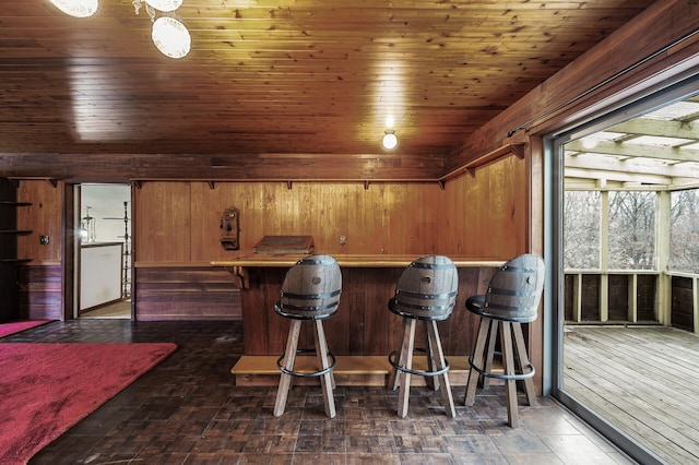 bar featuring wood walls and wood ceiling