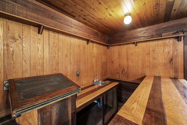 interior space featuring wood walls