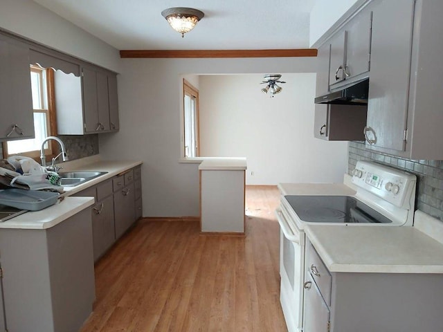 kitchen featuring white electric range, sink, tasteful backsplash, light hardwood / wood-style flooring, and gray cabinets