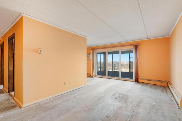 spare room with a wall unit AC, ornamental molding, and baseboard heating