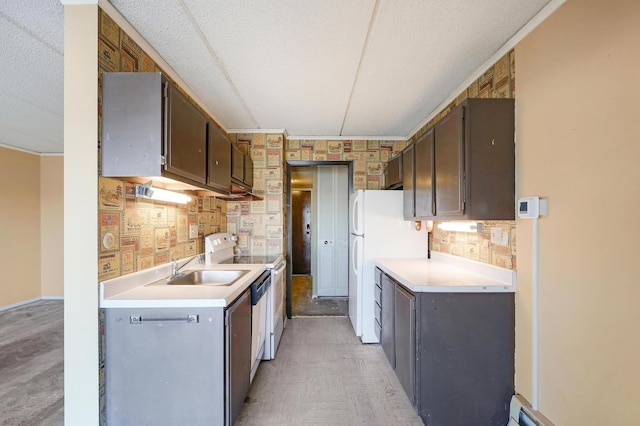 kitchen featuring white appliances, dark brown cabinets, a textured ceiling, and baseboard heating