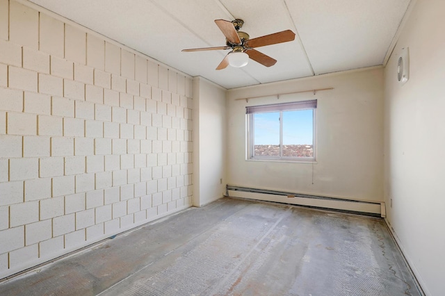 empty room featuring ceiling fan and baseboard heating