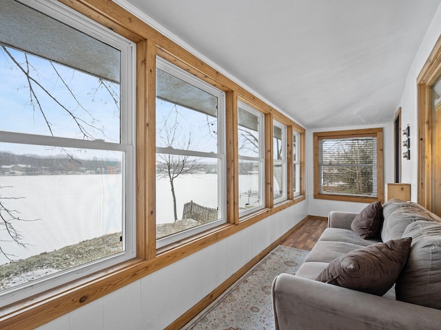 sunroom featuring a water view and a wealth of natural light