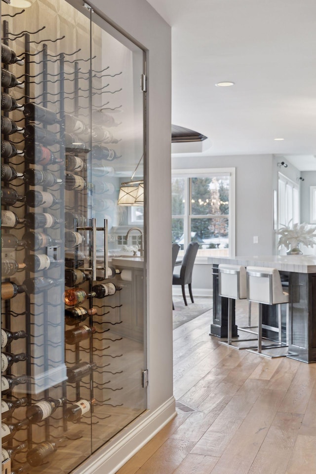 wine cellar with hardwood / wood-style flooring