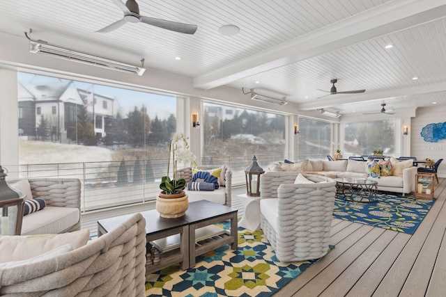 sunroom featuring beam ceiling, ceiling fan, and wood ceiling