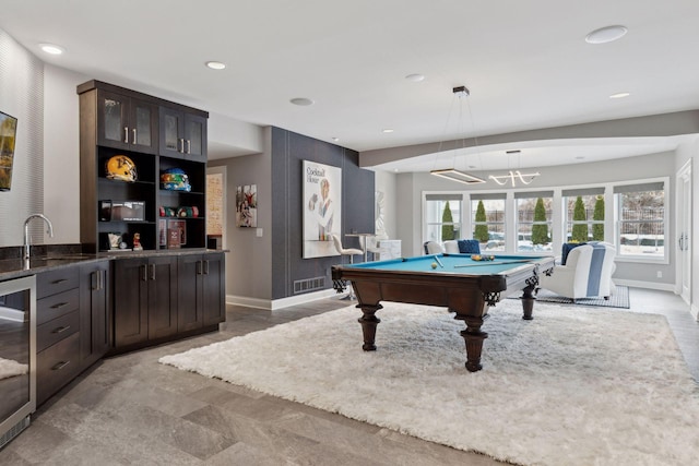 recreation room featuring sink, billiards, and beverage cooler