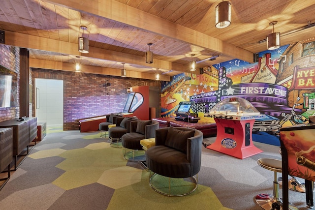 game room with wood ceiling, beamed ceiling, brick wall, and carpet flooring