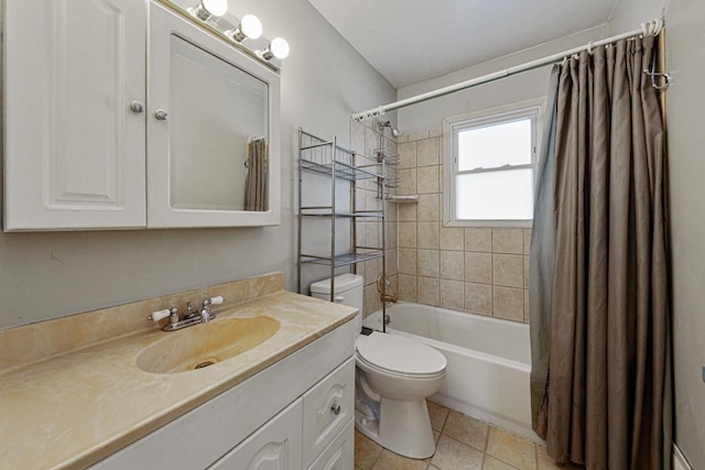 full bathroom featuring toilet, shower / bathtub combination with curtain, tile patterned floors, and vanity